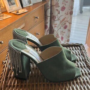 New Jimmy Choo Green Baia 100 Crystal-embellished Suede Heeled Mules Size 38.5